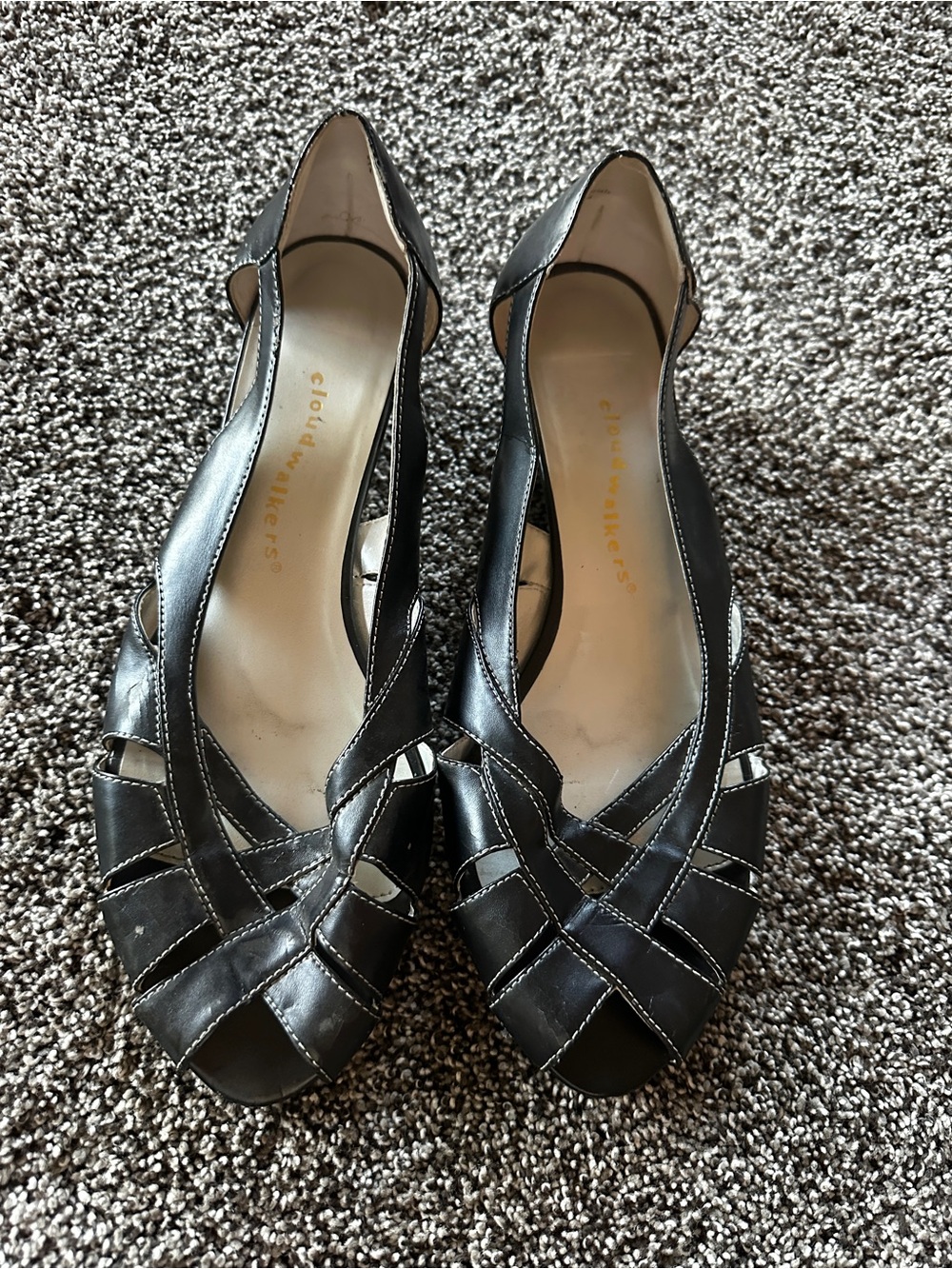 cloudwalkers Black Leather Peep-Toe Heels with Woven Upper size 10 staple